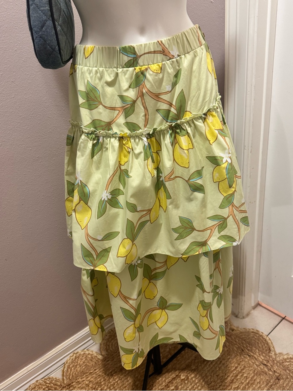 Ryegrass Lemon Print Tiered Skirt — Pale Green & Yellow